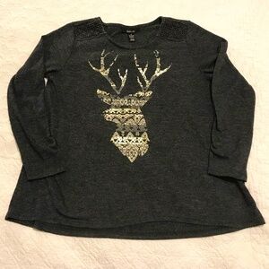 Style & co. heathered grey holiday top with printed foil deer (M)